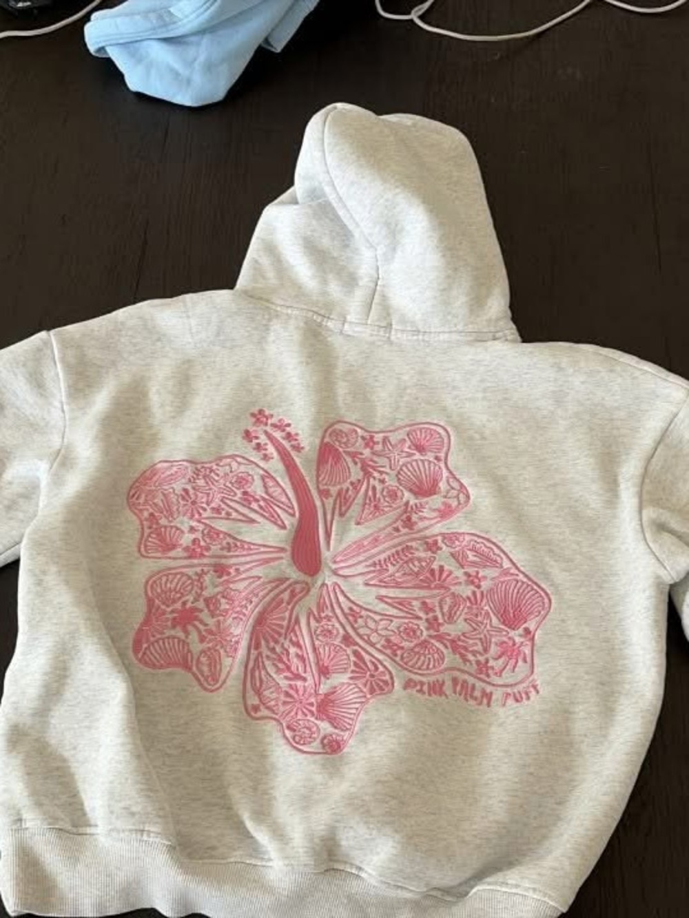 Light Gray Hoodie with Pink Hibiscus Graphic pink palm puff
